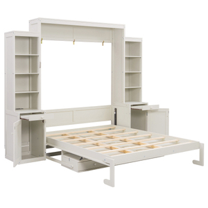 Queen Size Modern Solid Wood Murphy Bed with <b>Desk</b> & Storage Space-Saving <b>Wall</b> Bed with Cabinets & Drawers White - Product Image 6