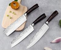Ensemble de 3 couteaux de cuisine japonais, finition martelée, acier à haute teneur en carbone, couteaux de chef Kiritsuke Nakiri, outils de cuisine professionnels