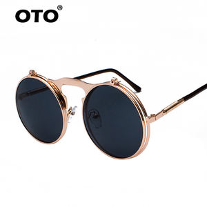 Occhiali da Sole OTO Fashion Classici Rotondi in Metallo con Montatura Circolare Ribaltabile, Stile Steampunk Nero <span class=keywords><strong>e</strong></span> Rosso per Uomo - Product Image 2