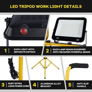 Dual-Head Work <b>Light</b> Adjustable Tripod Stand IP65 Waterproof With Metal Telescopic 10 Ft Power Cord WD-680 Dual-Head Work <b>Light</b> - Product Image 5