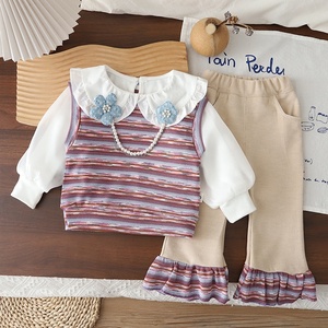 Ensemble 3 pièces à manches longues avec décor floral et blocs de couleur pour filles, tenue décontractée de printemps - Product Image 3