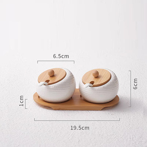 Ensemble de <span class=keywords><strong>3</strong></span> pots à épices en céramique blanche gaufrée avec couvercles en bambou, cuillères et plateau en bambou, contenants de rangement pour sel et sucre de cuisine - Product Image 6