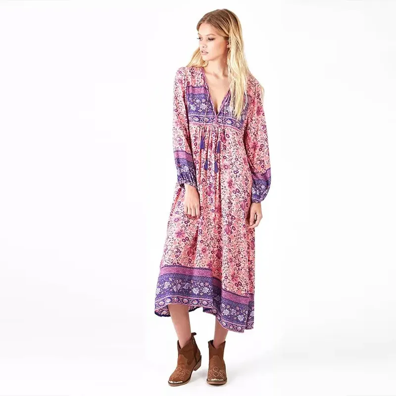 Vrouwen Casual Rayon Katoenen Jurk Lady Bohemian Style Bloemen Gedrukt Lace Up O-hals Lantaarn Mouw Lange Slanke Maxi Jurk