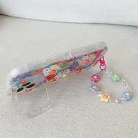 Casing Ponsel Rantai Gelang Manik-Manik Untuk IPhone 16 17 15 14 13 11 12 Pro Max Plus Penyangga Bunga 3D Penahan Stand Tali Gantungan