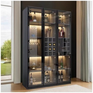 照明付き ブラック 木製 フロア ワインキャビネット バー ガラスディスプレイキャビネット付き 家庭用 ワインバーキャビネット ガラスドア付き - Product Image 1