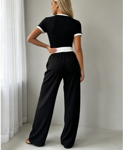 Conjunto de 2 piezas para mujer, top corto de manga corta con contraste de color y pantalones anchos con cordón, conjunto informal a juego para uso diario - Product Image 3
