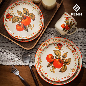 FENN rustico dipinto a mano piatto rotondo piatto decorativo per insalata bordo goffrato personalizzato di frutta pomodoro modello piatto in ceramica Set piatto da portata - Product Image 2