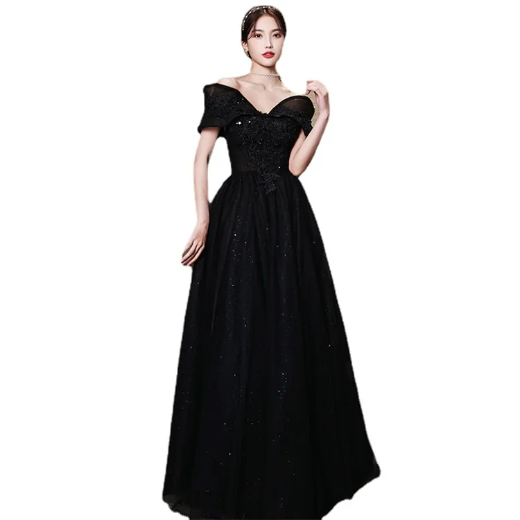 Formal gowns women evening dresses luxury ladies black sequin one-shoulder puff sleeve long dress modest evening dress