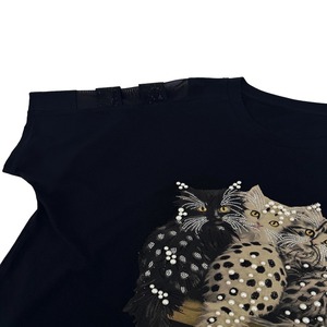 T-shirt décontracté vintage à manches courtes pour <span class=keywords><strong>femme</strong></span>, nouveau style été, en coton 210g, noir, imprimé trois chats, avec décoration en strass - Product Image 5