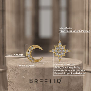 Boucles d'oreilles clous en or massif 14 carats avec étoile et lune, diamants de laboratoire, design pavé céleste, bijoux fins pour femme, cadeau élégant - Product Image 3