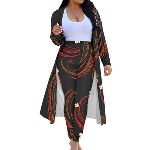 Impressão Floral das Mulheres Polinésia Manga Longa Kimono Cardigan Encobrir Blusa Casual Tops com Calças Compridas Roupas de Duas Peças Das Mulheres - Product Image 3