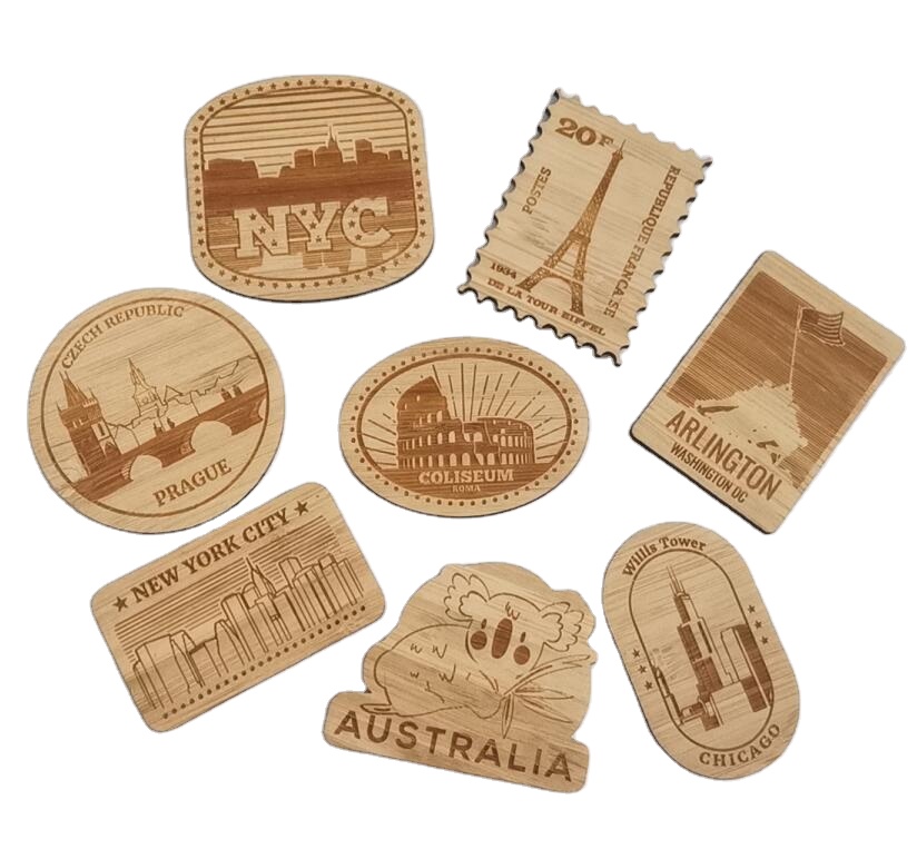 Изготовленный На Заказ креативный бамбуковый деревянный лазерный резак строительный сувенир магнит на холодильник