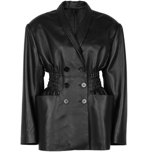 Giacca in Vera Pelle con Vita Elastica per Donna, Giacca in Pelle a Doppio Petto, <span class=keywords><strong>Moda</strong></span> Autunnale - Product Image 3