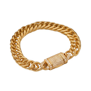 Fashion Chain Link <b>Bracelet</b> 20cm <b>Copper</b> Plated Gold Cuban Chain Zircon Stone Men's Jewelry - Product Image 4
