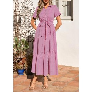 FOXA Women's Summer Maxi Button Up Shirt Dress Short Sleeve Striped A Line Flowy Elegant Spring Casual Dress - Product Image 4