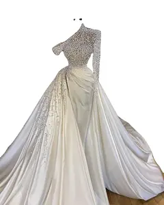 भव्य एक कंधे म्यान शादी की पोशाक स्फटिक भारी मनके दुल्हन की पोशाक