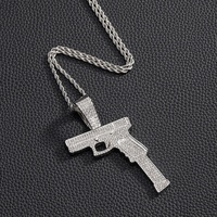 RENQING 3mm Corde Chaîne Full Bling Rhinestone et Alliage Hip Hop Handgun Shape Pendentif Collier