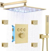 Système de douche pluie LED en laiton avec robinet thermostatique en céramique, jets pluie/jet/massage, pommeau carré de 16 pouces et douchette à main pour salle de bain