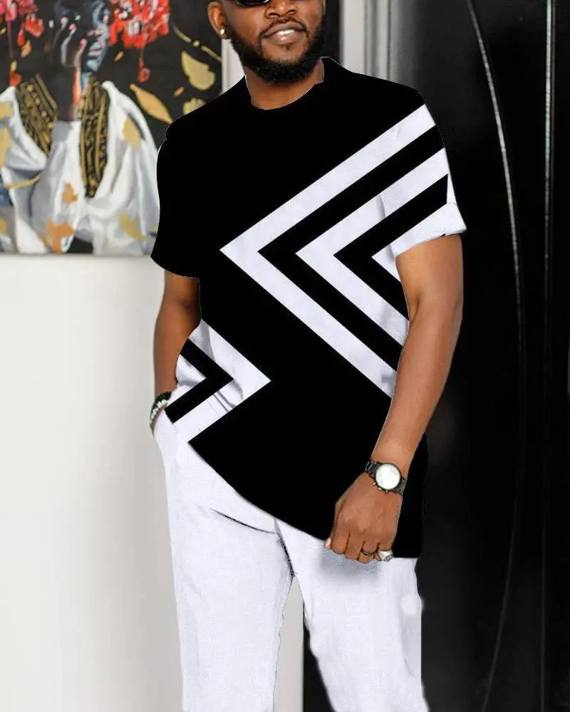 Afrika giysi yürüyüş seti tasarım T Shirt pantolon çizgili 2 parça kısa kollu rahat Streetwear spor afrika erkekler Suit