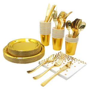 Solid Color Foil Gold Party Set Paper Cups Plates Straws Napkin Tableware For Birthday Party Decorations Supplies Or Custom