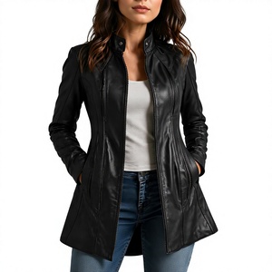 Blazer court noir en cuir véritable pour femme, modèle tendance, coupe ajustée, longueur longue - Product Image 1
