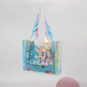 Bolsa de compras de viaje personalizada, bolsa de promoción de regalo de Navidad con asa, bolsas de holograma de PVC para belleza