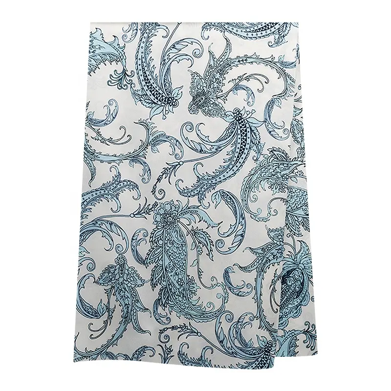 white base light blue paisley pattern print silk elastic satin print 16mm 93% pure silk 7% spandex digital print stretch fabric