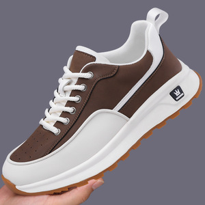 Men's Chunky Sneakers <b>White</b> Brown Leather <b>Lace</b>-Up Casual Shoes Thick Sole Trendy Fashion 2024 Autumn Winter Wear - Product Image 1