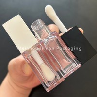 Tube de gloss à lèvres carré transparent ISMAN 8 ml avec un grand applicateur, bouchon noir et blanc, emballage de gloss à lèvres vide, logo personnalisé, flacon en PETG