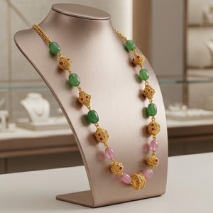 925 Silver Antique Mala <b>Necklace</b> with Green and <b>Pink</b> Beads Traditional Ethnic Long Chain Jewelry for Women - Product Image 3
