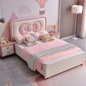 Lit d'enfant rose mignon en forme de nœud, mobilier de <span class=keywords><strong>chambre</strong></span> moderne, lit de princesse en cuir souple pour filles, ensemble de lit d'enfant de haute qualité - Product Image 2