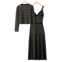 OUDINA Nouveau Ensemble Deux Pièces Tricoté Personnalisable Décontracté Vintage Color-block avec Cardigan à Manches Longues à Paillettes et Robe Nuisette