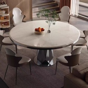 Modern Minimalist Round Stone Slab <b>Dining</b> <b>Table</b> With Turntable Rotatable Feature For <b>Dining</b> Room - Product Image 4