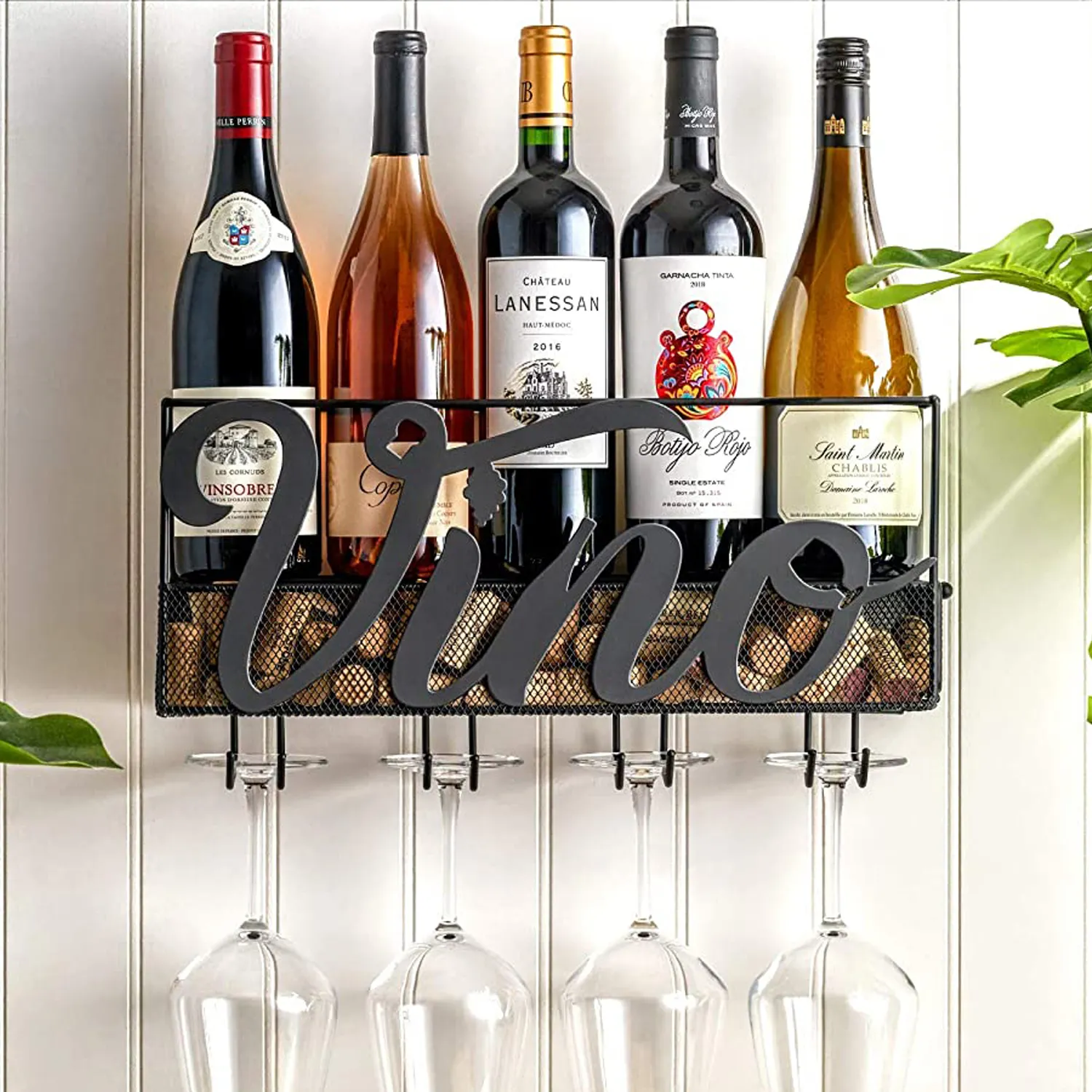 Porte-vin en liège de cuisine moderne, support mural pour 5 bouteilles, suspendus 4 lignes de lunettes de vin