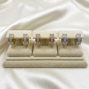 Pendientes de media aro contemporáneos de oro amarillo macizo de 18 quilates con doble fila de diamantes redondos pavé, joyería fina para regalo de Navidad. - Product Image 4