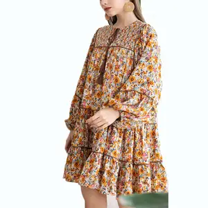 Impression personnalisée ourlet à froufrous robe grande taille vêtements pour femmes style américain manches bouffantes ditsy floral froncé dolly robe balançoire