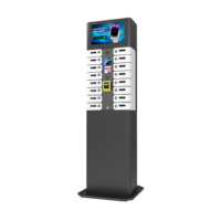 Station de recharge sur pied MAX Pro 16 baies avec casier pour téléphones, écran publicitaire 15,6'' et lecteur de carte de crédit intégré – Distributeur automatique de recharges pour téléphones