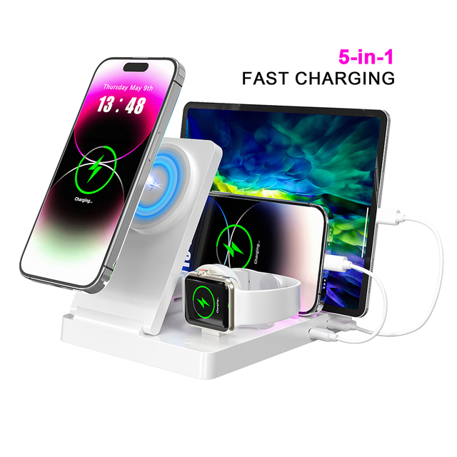 Custom Logo 5-in-1 Folding Wireless Charging Station for iPad iPhone IWatch AirPods Magnetic Wireless Charger with Night Light