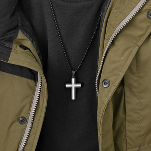Unisex Black Gold Two-tone Stainless Steel Punk Zircon CZ Stones Geometric Cross Pendant Dainty Chain <strong>Necklace</strong> For Men - Product Image 5