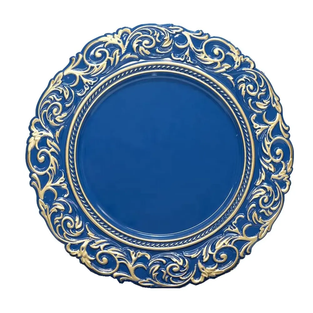 wholesale 13inch vintage and embossed style royal blue plastic charger plate for dinner party wedding