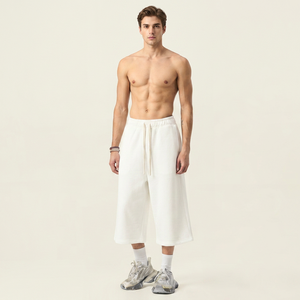 Shorts Capri en Coton Blanc Uni pour Homme, Taille Mi-Haute avec Cordon de Serrage, Style Décontracté, Respirant, Écologique, Infroissable, en Toile de Haute Qualité - Product Image 1