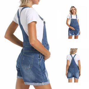 Overoles de mezclilla para mujer, de moda, casuales, de verano, transpirables, de poliéster sólido, de punto, de corte regular, por encima de la rodilla, con tirantes y dobladillo enrollado rasgado - Product Image 1