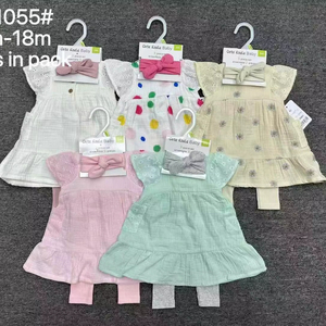 도매 100% 순면 여름 패션 아동 여아 드레스 의류 + 바지 + 헤어밴드 3종 세트 - Product Image 1
