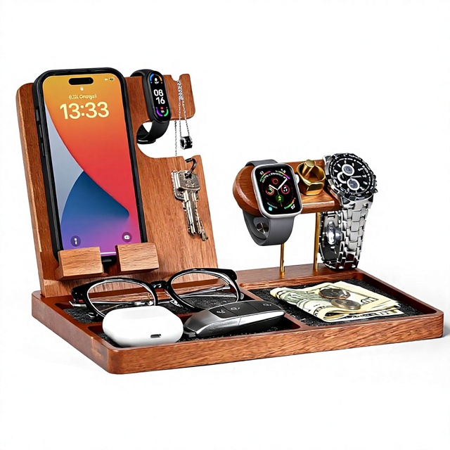 Wood Multifunction Nightstand Organizer for Men-Desk & Bedside EDC Tray with Key Wallet Watch Storage