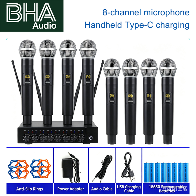 BHA Y800 UHF 8 Channel Wireless Microphone Handheld/headset Dynamic Microfono  Type-C Charger for Stage Church New Arrival OEM