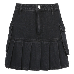 Jeans Mini <span class=keywords><strong>falda</strong></span> Goth Denim Faldas plisadas con bolsillos grandes Mujer Chica Verano Punk Y2K Negro Faldas Cintura alta Moda coreana - Product Image 4