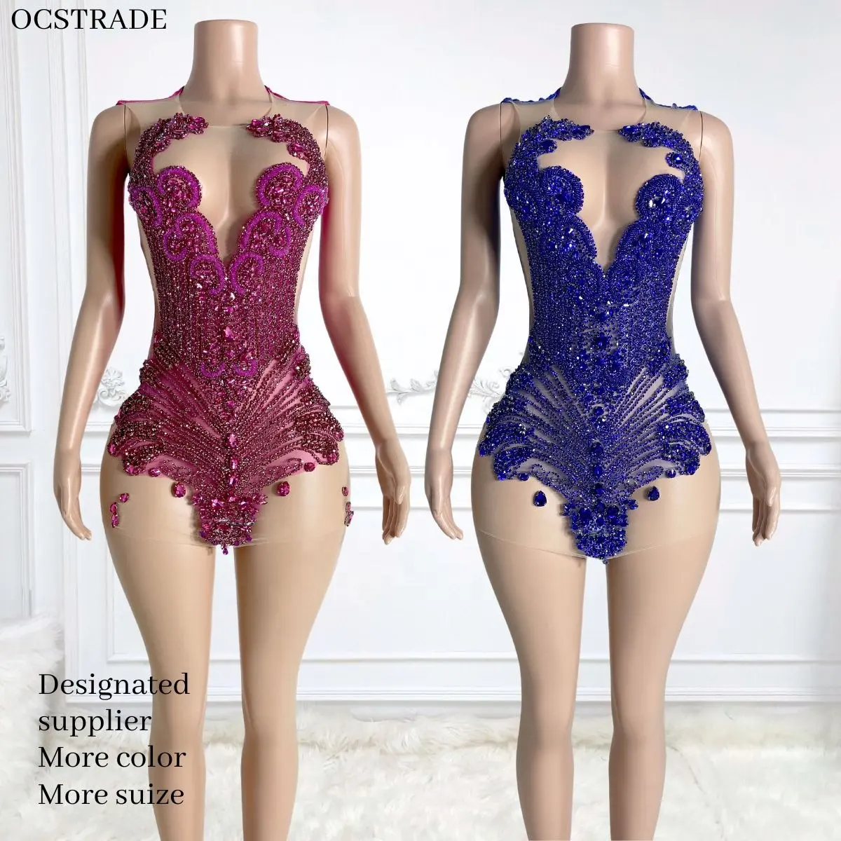 Ocstrade Luxe Rose Cristal Tissu Maille Strass Robe De Bal Rese Rouge Sans Manches Club Wear Corset Mini Robe Avec Strass