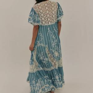 Vestido Midi Casual de Verano con Cuello en V y Bordado Floral Romántico para Mujer, Vestido de Encaje con Mangas Abullonadas y Corte Imperio - Product Image 3