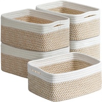 Yilobi Lot de 5 Petits Paniers de Rangement Décoratifs en Corde de Coton Tressée pour Salle de Bain et Chambre d'Enfant - 11,8x7,9x4,7 Pouces Kaki/Blanc