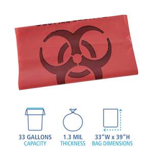 Sacs poubelles rouges linéaires à faible densité Boardwalk de 33 gallons pour les soins de santé, 1,3 mil, 33 x 39, 150/carton - Product Image 1